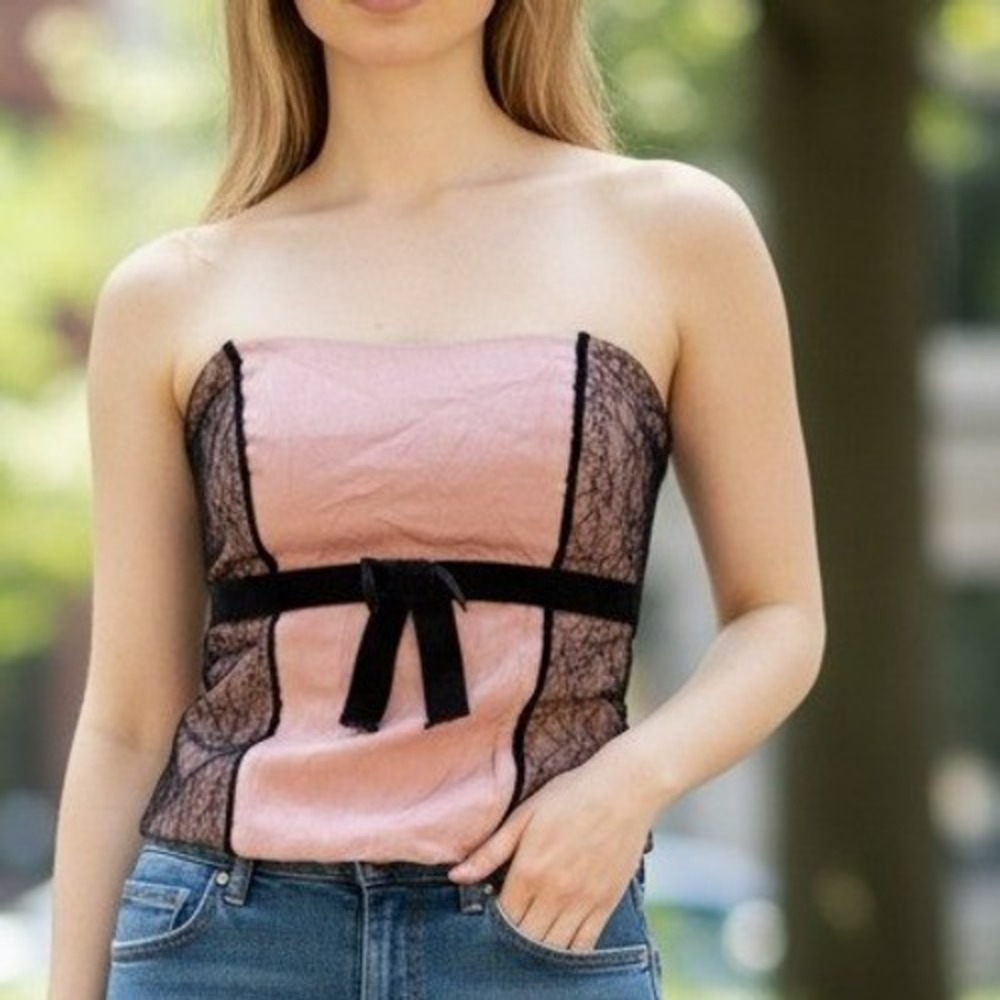 Pink Satin Black Lace Corset Top Strapless Bustier Velvet Bow Back Zip Y2K Style